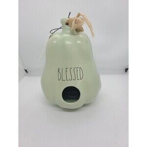 Rae Dunn BLESSED Sage Green Gourd Pumpkin Birdhouse with Burlap Ribbon Fall NEW